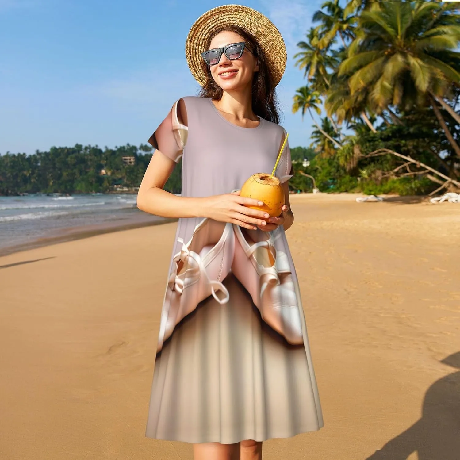 Ballet Shoes Print Women's Summer Dresses,Casual Spring Dress with Pockets,for Beach Vacation
