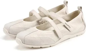 Ballet Sneakers for Woman Leather Retro Wide Toe Hook and Loop Mary Janes Ballerina Flats with Contrasting Stitching Trendy Fancy Casual Ballet Shoes 2025 Spring Summer Sporty Walking Footwear