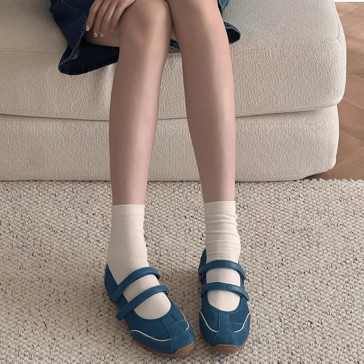Ballet Sneakers for Woman Leather Retro Wide Toe Hook and Loop Mary Janes Ballerina Flats with Contrasting Stitching Trendy Fancy Casual Ballet Shoes 2025 Spring Summer Sporty Walking Footwear