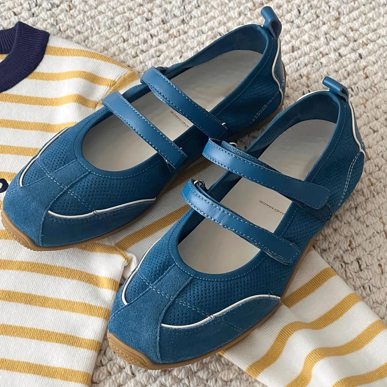 Ballet Sneakers for Woman Leather Retro Wide Toe Hook and Loop Mary Janes Ballerina Flats with Contrasting Stitching Trendy Fancy Casual Ballet Shoes 2025 Spring Summer Sporty Walking Footwear