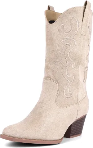 Bandkos Cowboy Boots for Women Cowgirl Mid Calf Western Boots Embroidered Stitched Pointed Toe Chunky Block Heel