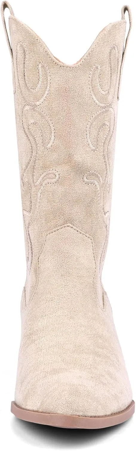 Bandkos Cowboy Boots for Women Cowgirl Mid Calf Western Boots Embroidered Stitched Pointed Toe Chunky Block Heel