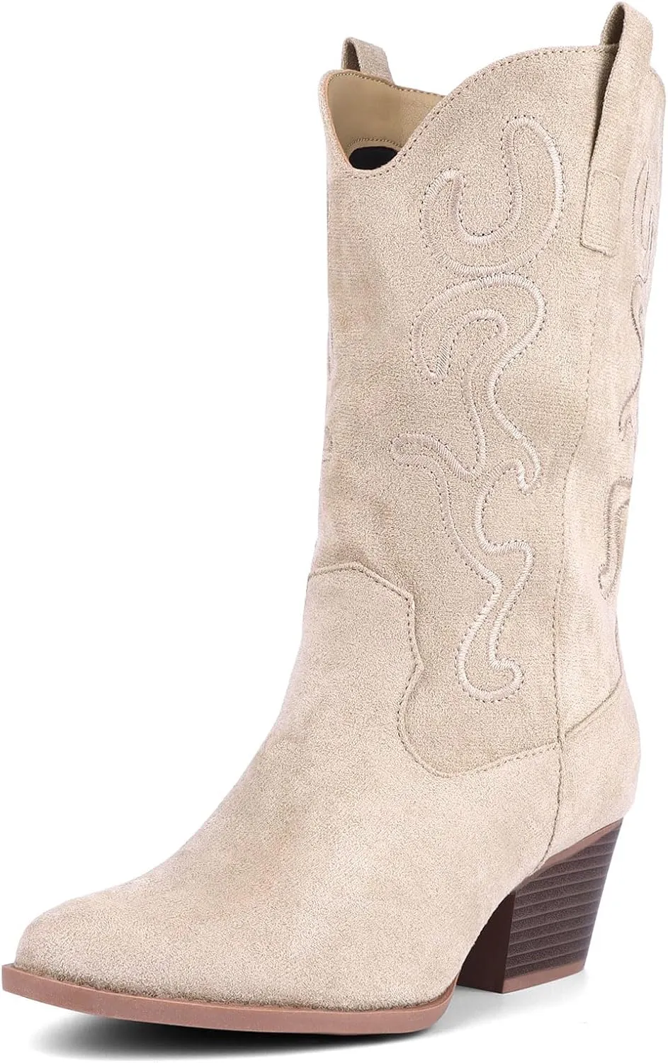 Bandkos Cowboy Boots for Women Cowgirl Mid Calf Western Boots Embroidered Stitched Pointed Toe Chunky Block Heel