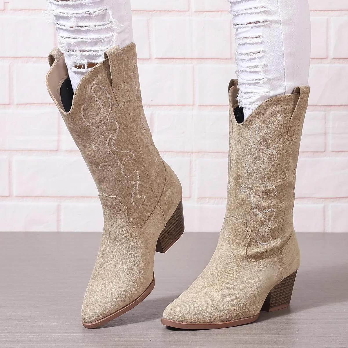 Bandkos Cowboy Boots for Women Cowgirl Mid Calf Western Boots Embroidered Stitched Pointed Toe Chunky Block Heel