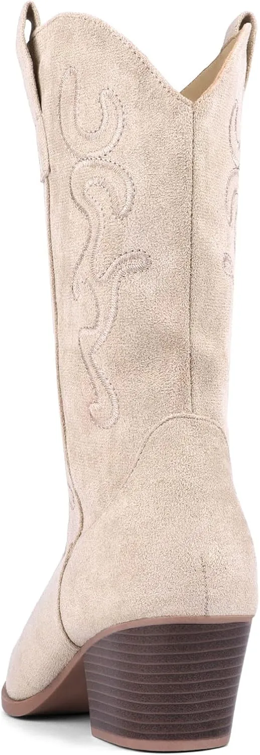 Bandkos Cowboy Boots for Women Cowgirl Mid Calf Western Boots Embroidered Stitched Pointed Toe Chunky Block Heel