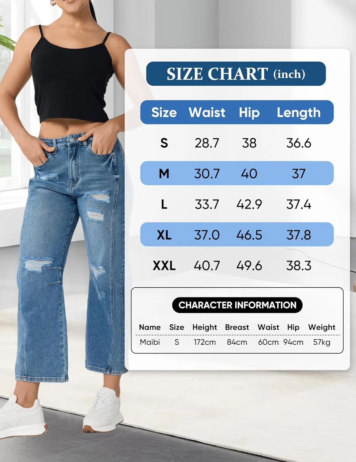 Barrel Jeans Women Stretchy Fabric & Ripped Style Wide Leg Ankle Pants, Suit for Midsize Woman Everyday Casual