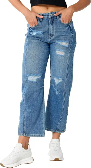Barrel Jeans Women Stretchy Fabric & Ripped Style Wide Leg Ankle Pants, Suit for Midsize Woman Everyday Casual