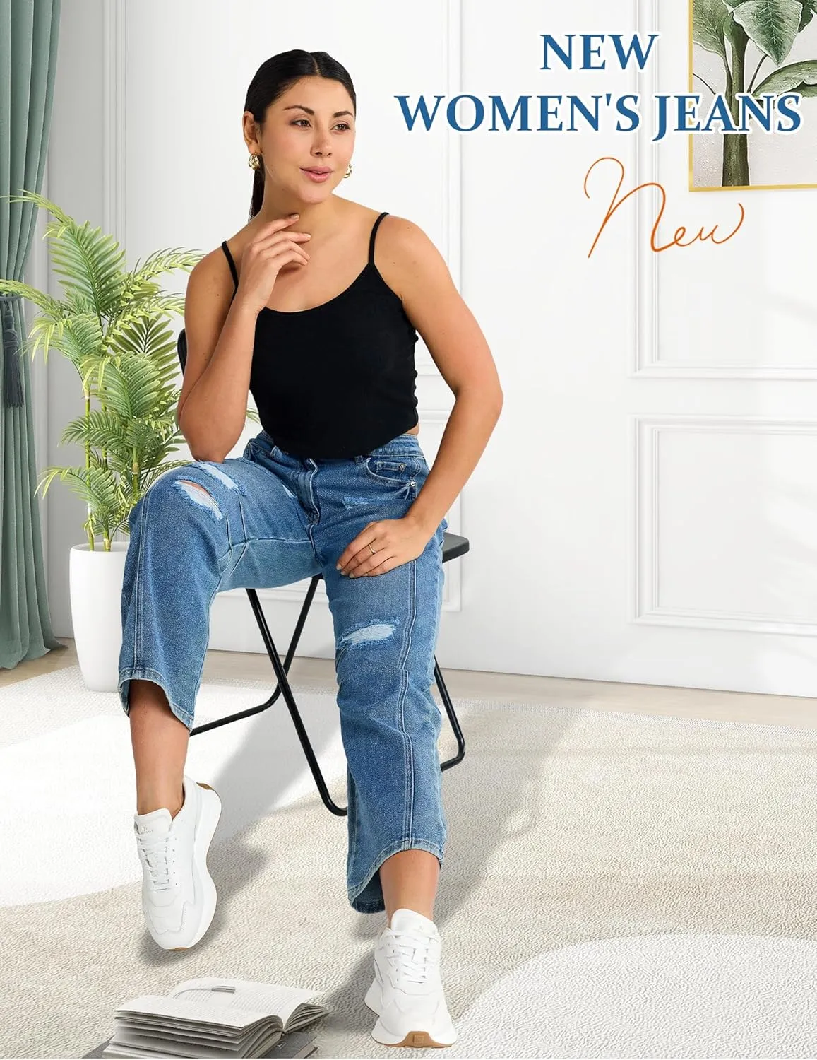 Barrel Jeans Women Stretchy Fabric & Ripped Style Wide Leg Ankle Pants, Suit for Midsize Woman Everyday Casual