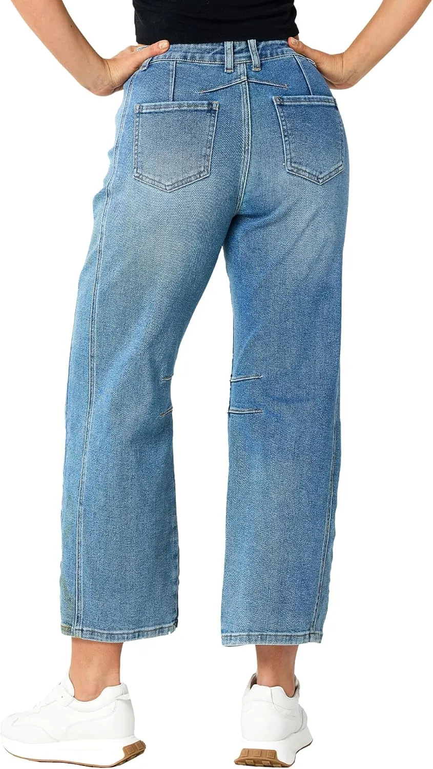 Barrel Jeans Women Stretchy Fabric & Ripped Style Wide Leg Ankle Pants, Suit for Midsize Woman Everyday Casual