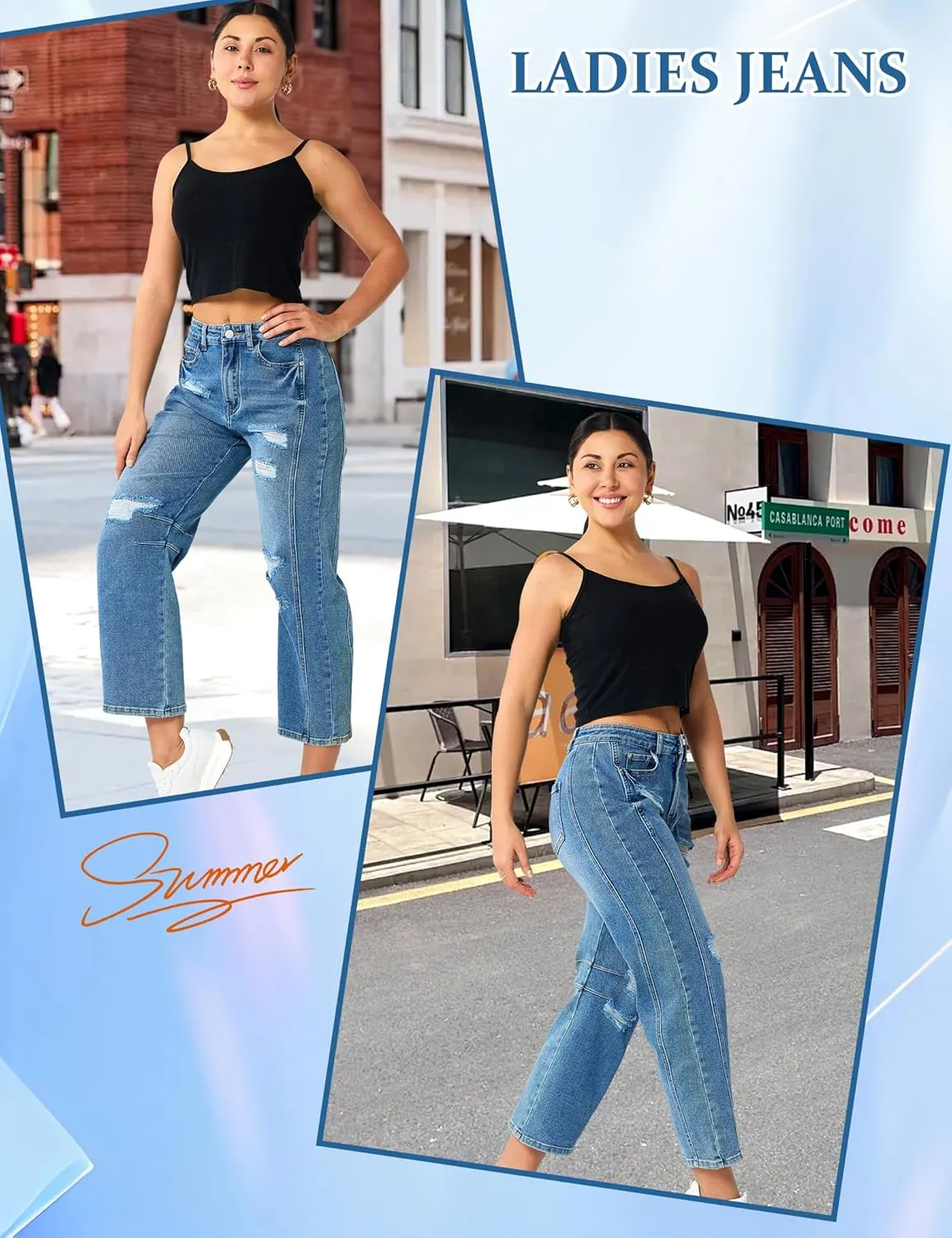 Barrel Jeans Women Stretchy Fabric & Ripped Style Wide Leg Ankle Pants, Suit for Midsize Woman Everyday Casual