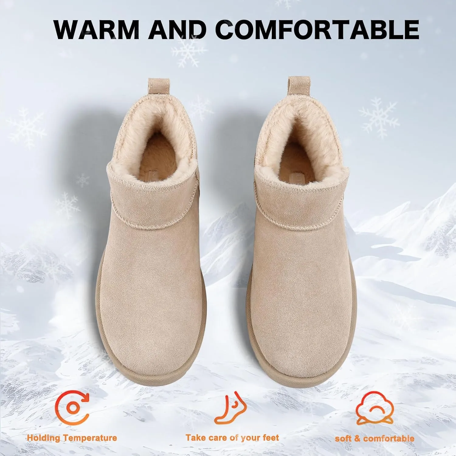 BCTEX COLL Women's Winter Snow Mini Boots Classic Faux Fur Lined Warm Short Slip On Ankle Boots Gift, Black, Chestnut, Beige