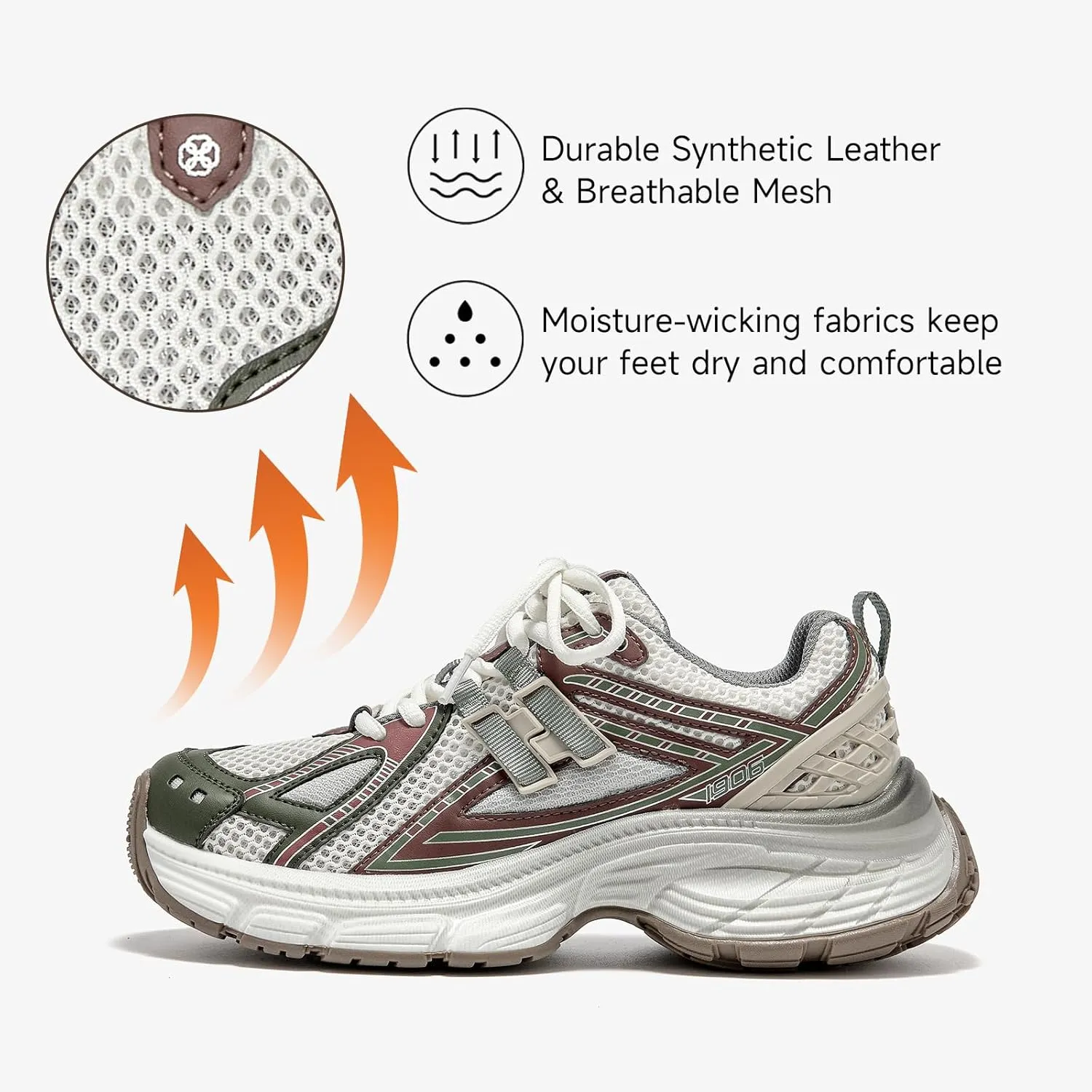 BEAU TODAY Chunky Sneakers for Women, Womens Fashion Sneakers, Lightweight Leather Sneakers for Women, Comfortable Casual Lace-Up Breathable Dad Shoes