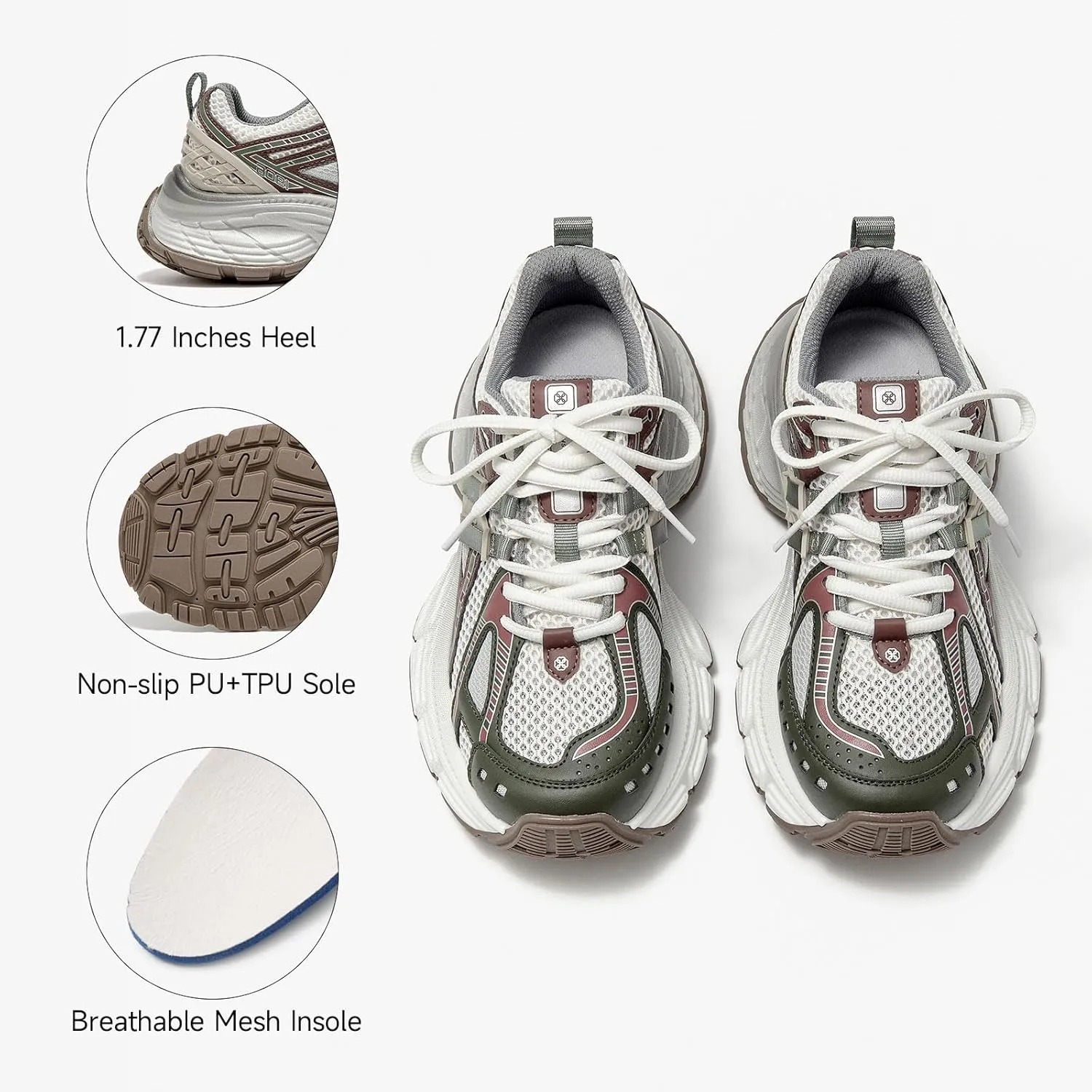 BEAU TODAY Chunky Sneakers for Women, Womens Fashion Sneakers, Lightweight Leather Sneakers for Women, Comfortable Casual Lace-Up Breathable Dad Shoes