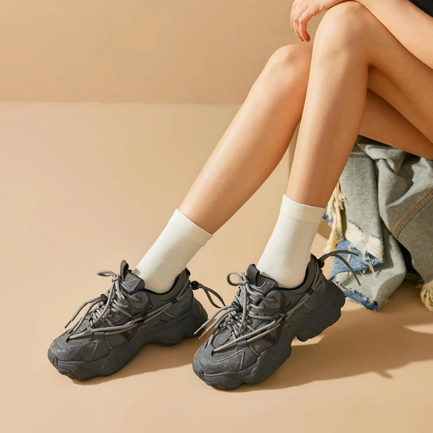 BEAU TODAY Womens Chunky Sneakers,Womens Fashion Sneakers,90s Comfortable Running Dad Shoes,Platform Casual Lace up Non Slip Rave Tennis Walking Shoes