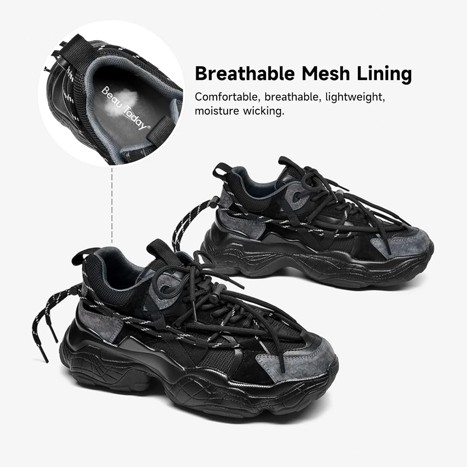BEAU TODAY Womens Chunky Sneakers,Womens Fashion Sneakers,90s Comfortable Running Dad Shoes,Platform Casual Lace up Non Slip Rave Tennis Walking Shoes