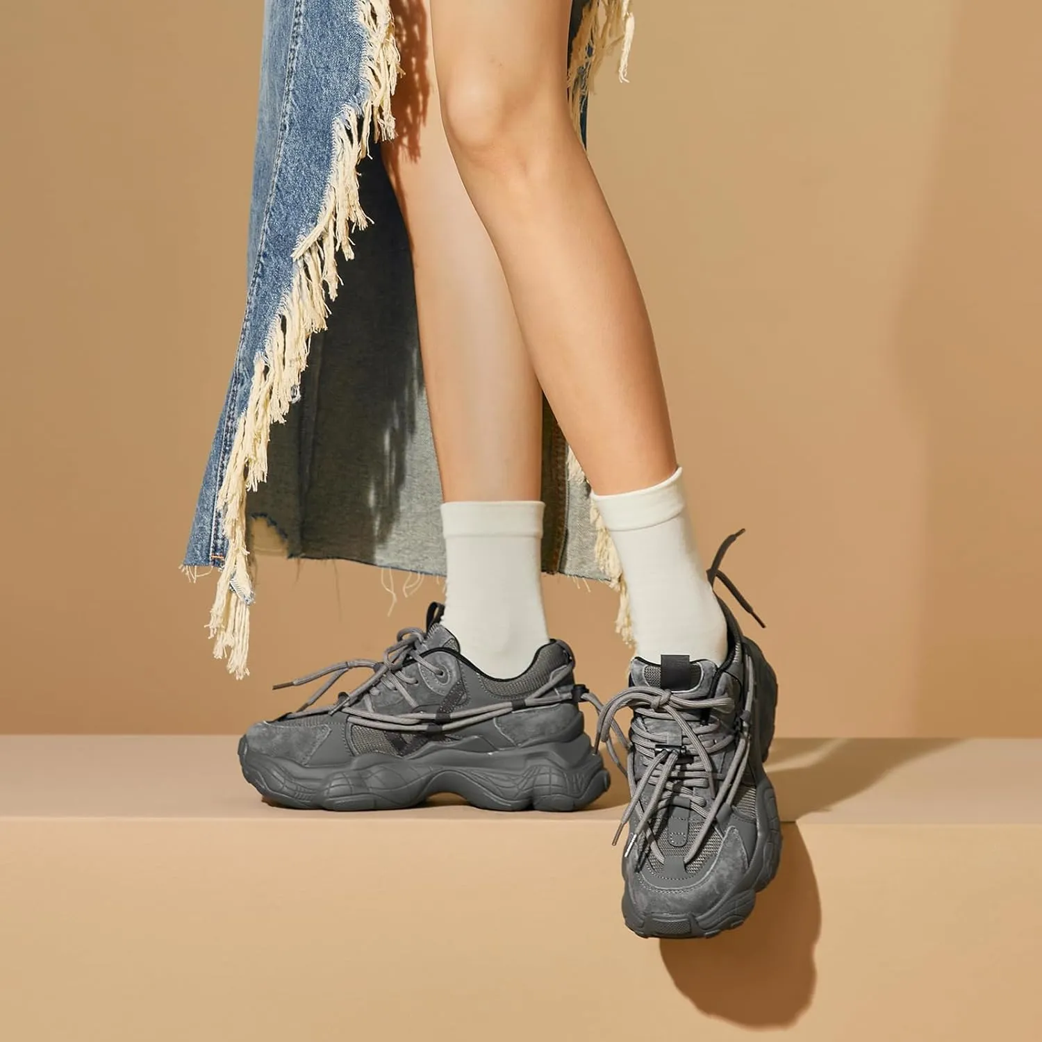 BEAU TODAY Womens Chunky Sneakers,Womens Fashion Sneakers,90s Comfortable Running Dad Shoes,Platform Casual Lace up Non Slip Rave Tennis Walking Shoes