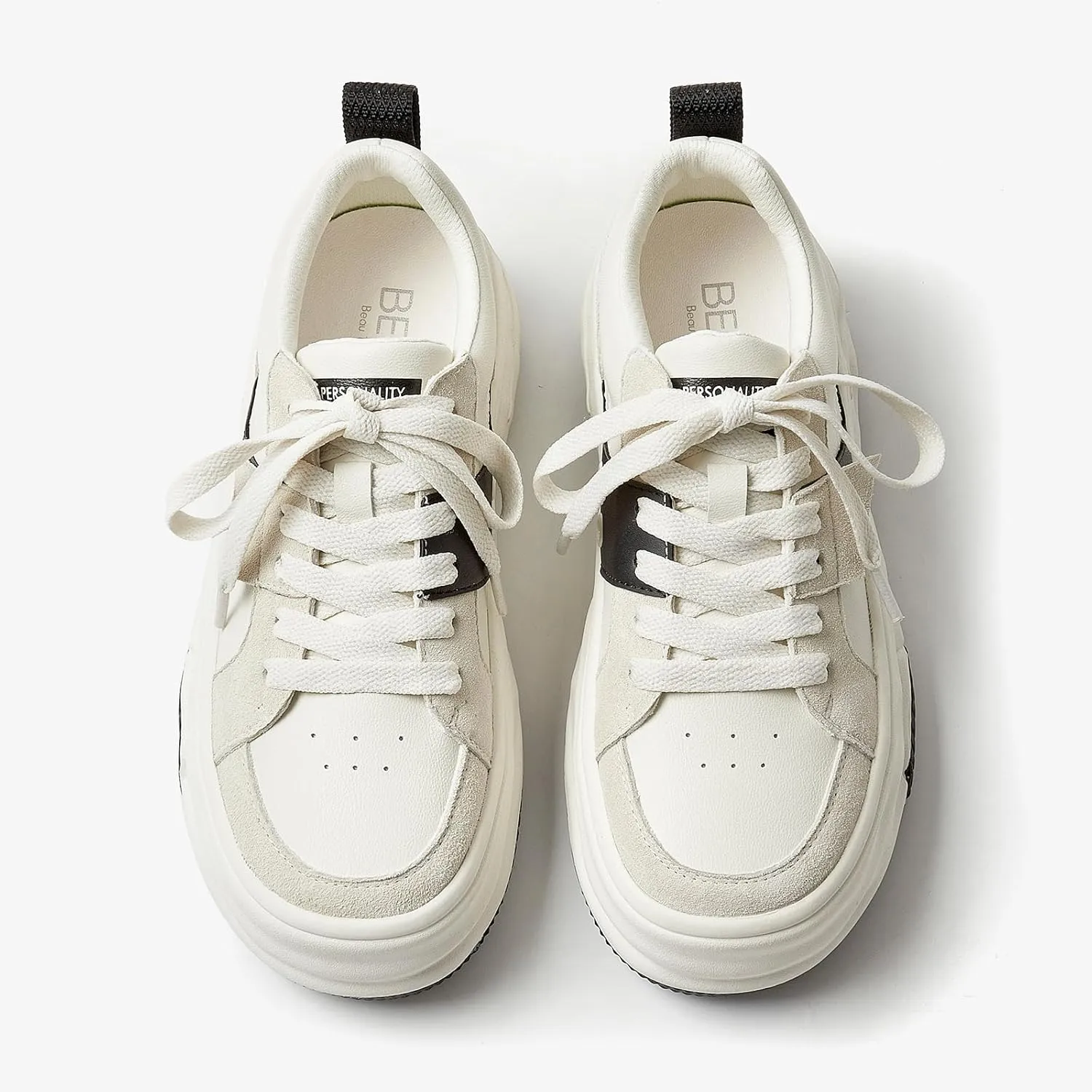 BEAU TODAY Womens Platform Sneakers, Leather Fashion Sneakers for Women Lace Up Comfortable Cute Tennis Shoes Casual Walking Shoes