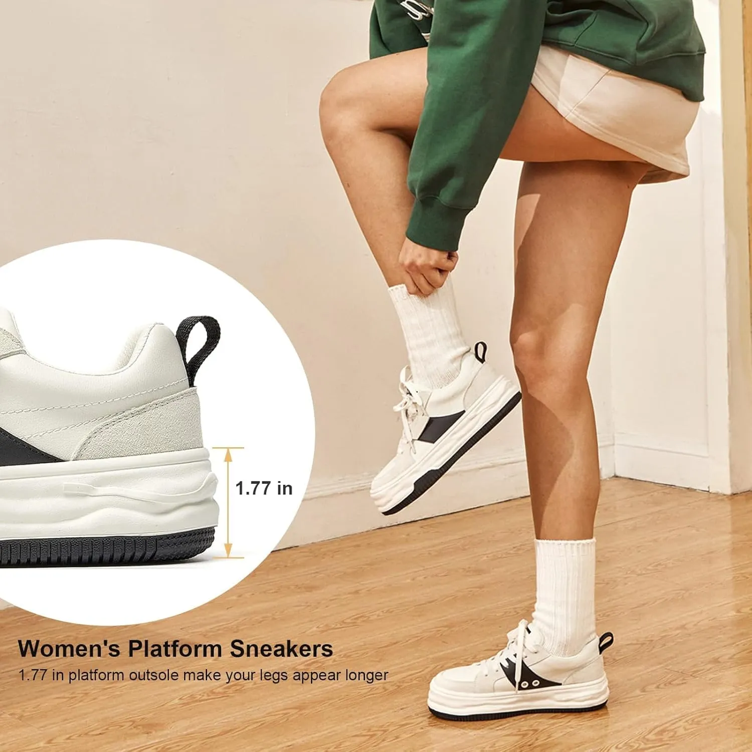 BEAU TODAY Womens Platform Sneakers, Leather Fashion Sneakers for Women Lace Up Comfortable Cute Tennis Shoes Casual Walking Shoes