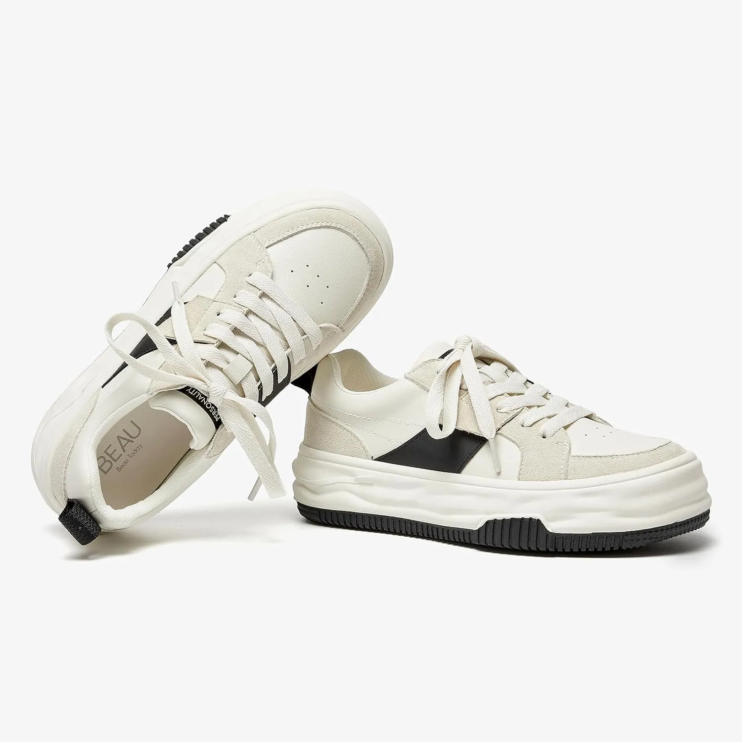 BEAU TODAY Womens Platform Sneakers, Leather Fashion Sneakers for Women Lace Up Comfortable Cute Tennis Shoes Casual Walking Shoes