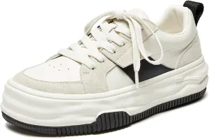 BEAU TODAY Womens Platform Sneakers, Leather Fashion Sneakers for Women Lace Up Comfortable Cute Tennis Shoes Casual Walking Shoes