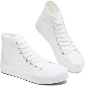 BENPAO Women's High Top Canvas Sneakers, Floral Embroidered Fashion Tennis Shoes - White Breathable Casual Walking Shoes