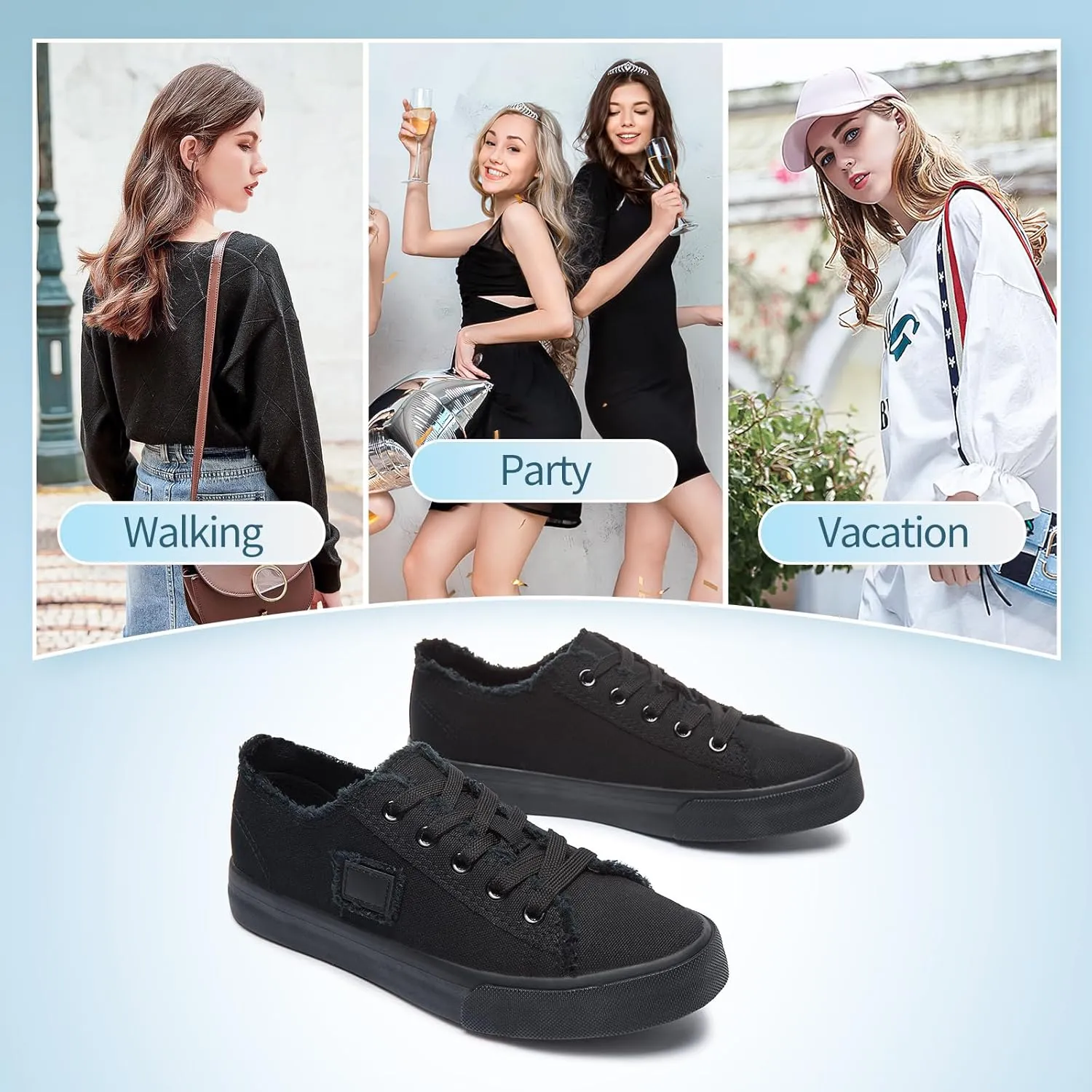 BENPAO Women's White Canvas Shoes Black Canvas Fashion Sneakers for Women Comfortable Casual Tennis Shoes Low Top Walking Shoes