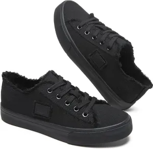 BENPAO Women's White Canvas Shoes Black Canvas Fashion Sneakers for Women Comfortable Casual Tennis Shoes Low Top Walking Shoes