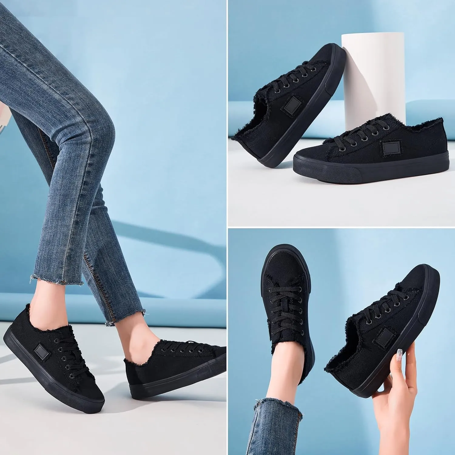 BENPAO Women's White Canvas Shoes Black Canvas Fashion Sneakers for Women Comfortable Casual Tennis Shoes Low Top Walking Shoes