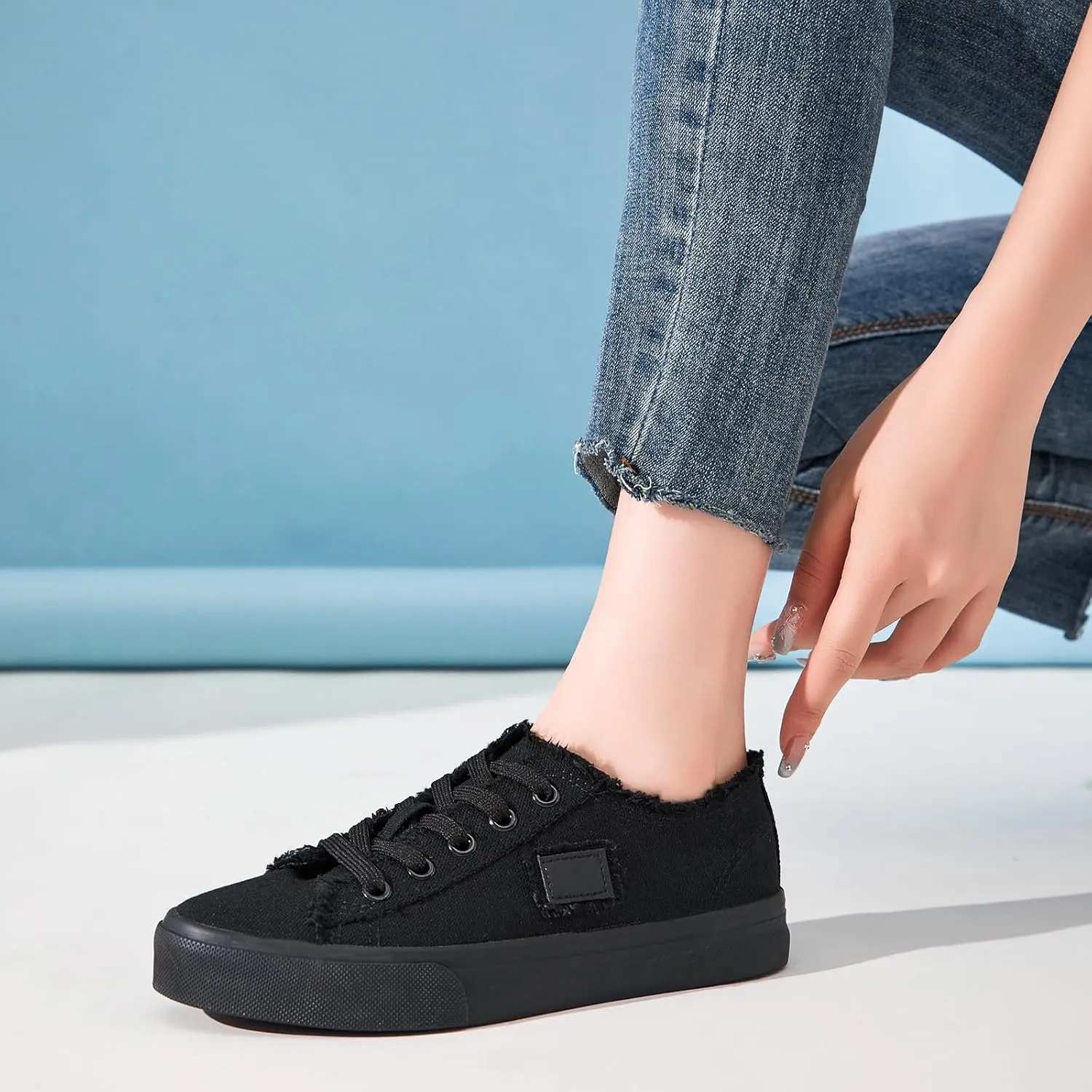 BENPAO Women's White Canvas Shoes Black Canvas Fashion Sneakers for Women Comfortable Casual Tennis Shoes Low Top Walking Shoes