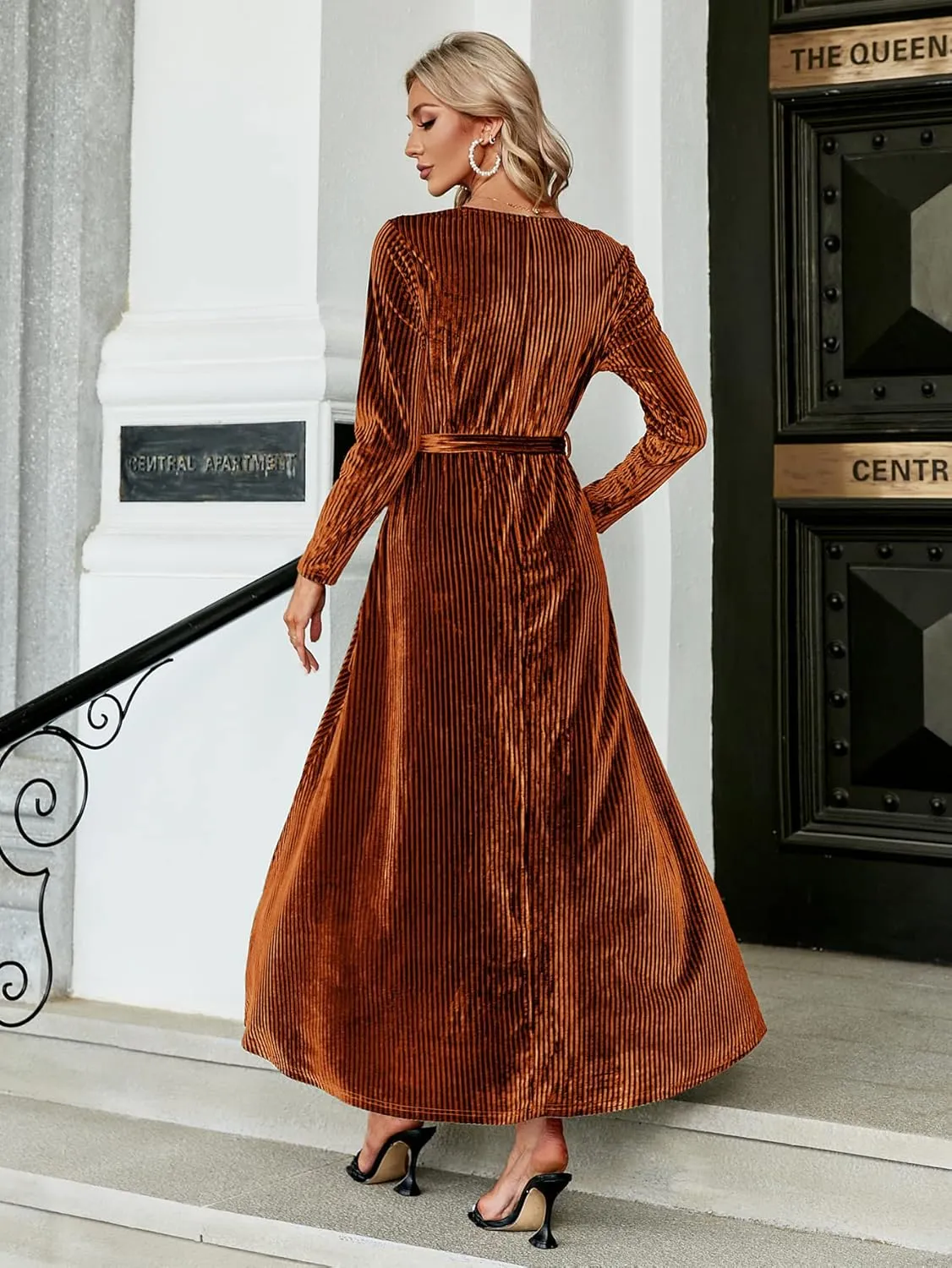 BerryGo Women's Velvet V Neck Wrap Semi Formal Dress Cocktail Party Maxi Dress for Wedding Guest