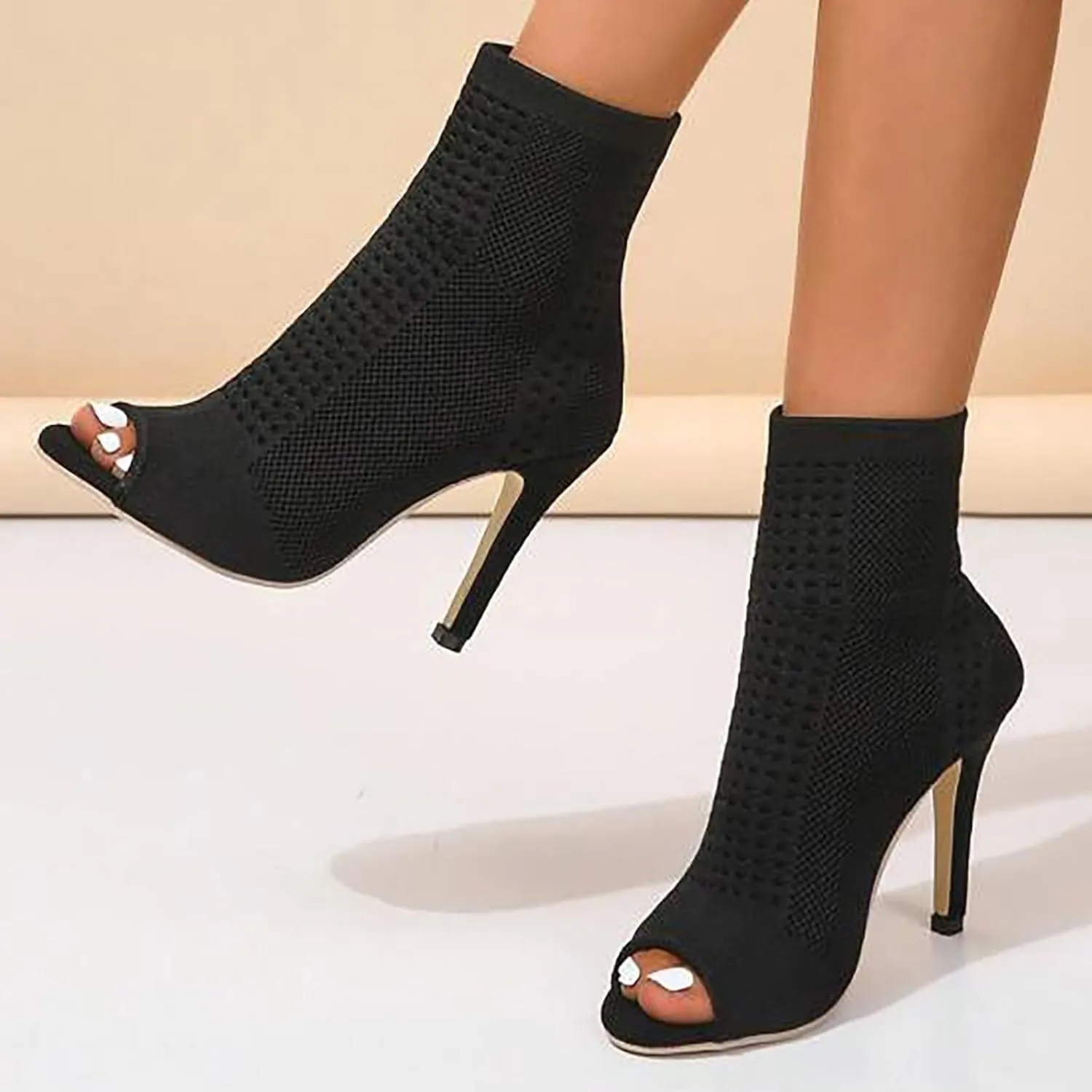 Black High Heels for Women Breathable Mesh Sandals Sexy Open Toe Stilettos Fashion Dressy Heeled Sandals