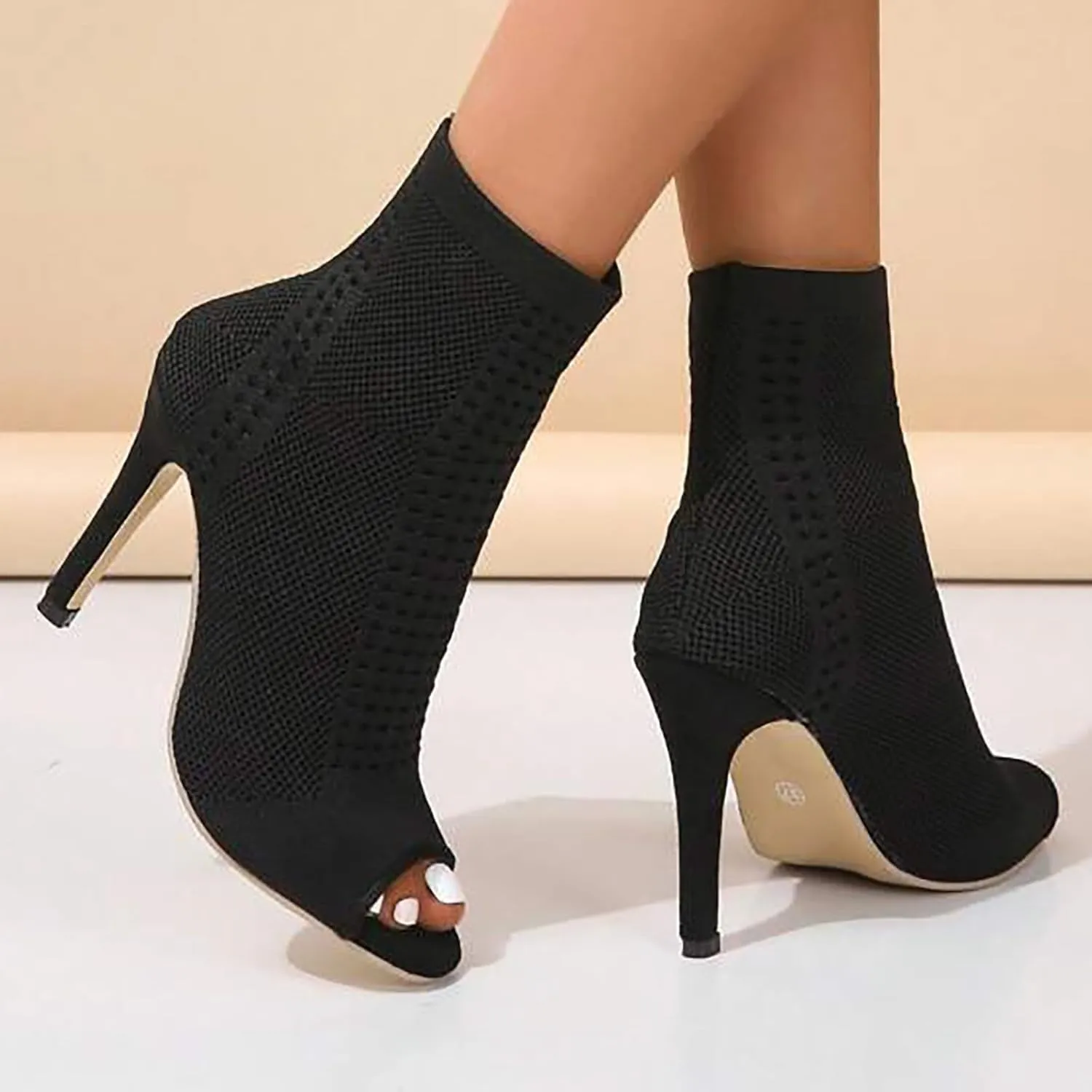 Black High Heels for Women Breathable Mesh Sandals Sexy Open Toe Stilettos Fashion Dressy Heeled Sandals