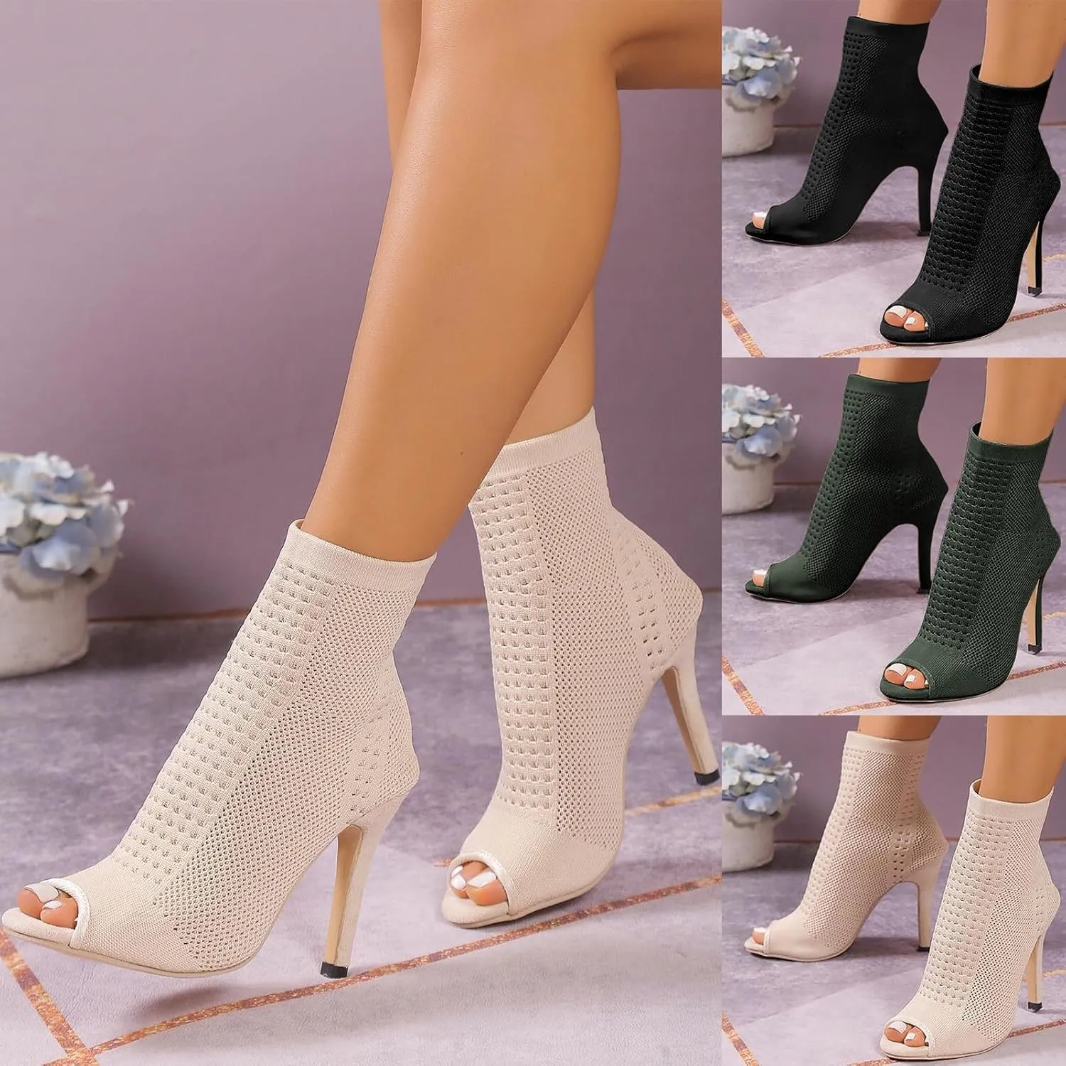 Black High Heels for Women Breathable Mesh Sandals Sexy Open Toe Stilettos Fashion Dressy Heeled Sandals