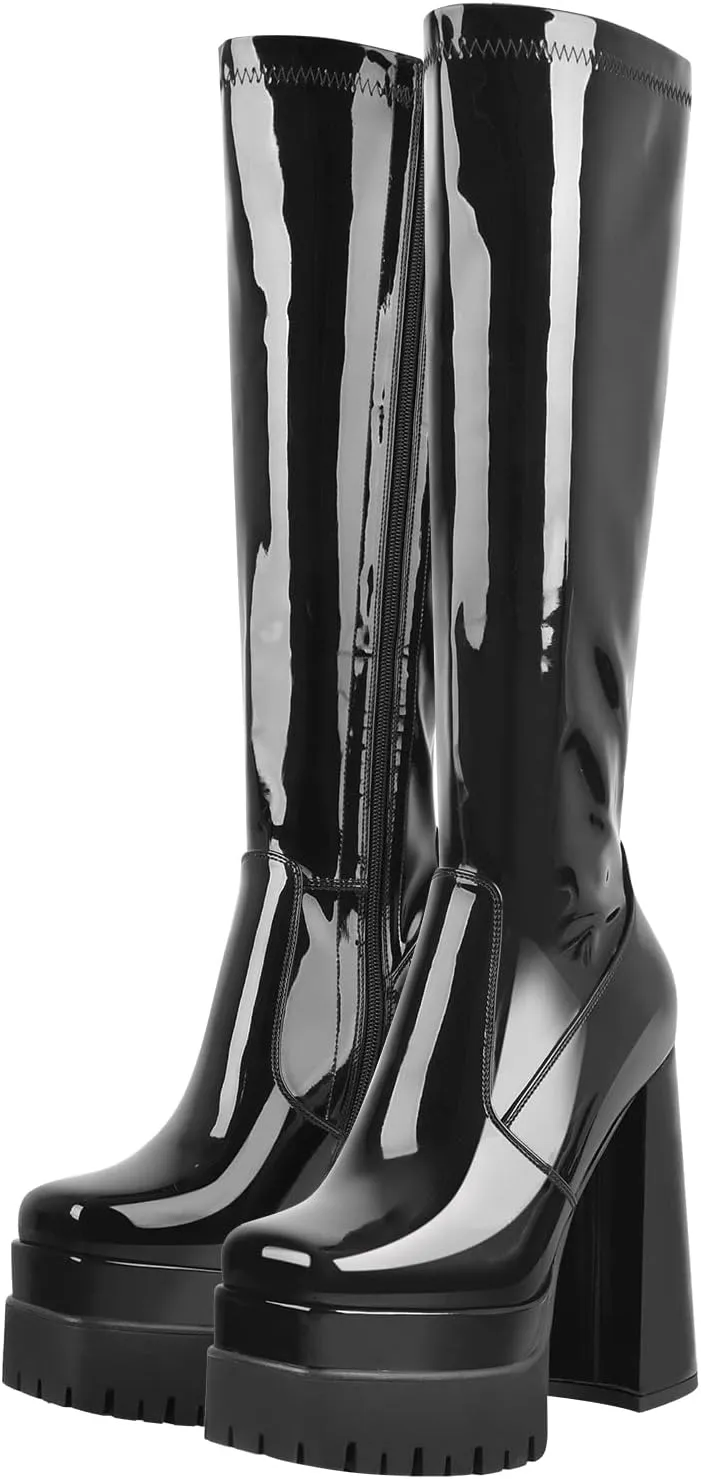 Black Platform Boots for Women Chunky Heel Square Toe Over Knee High Boots