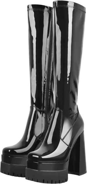 Black Platform Boots for Women Chunky Heel Square Toe Over Knee High Boots