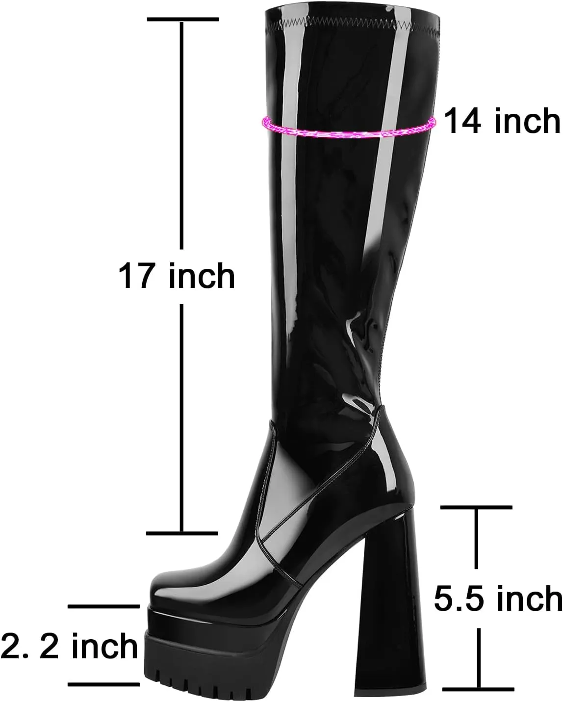Black Platform Boots for Women Chunky Heel Square Toe Over Knee High Boots