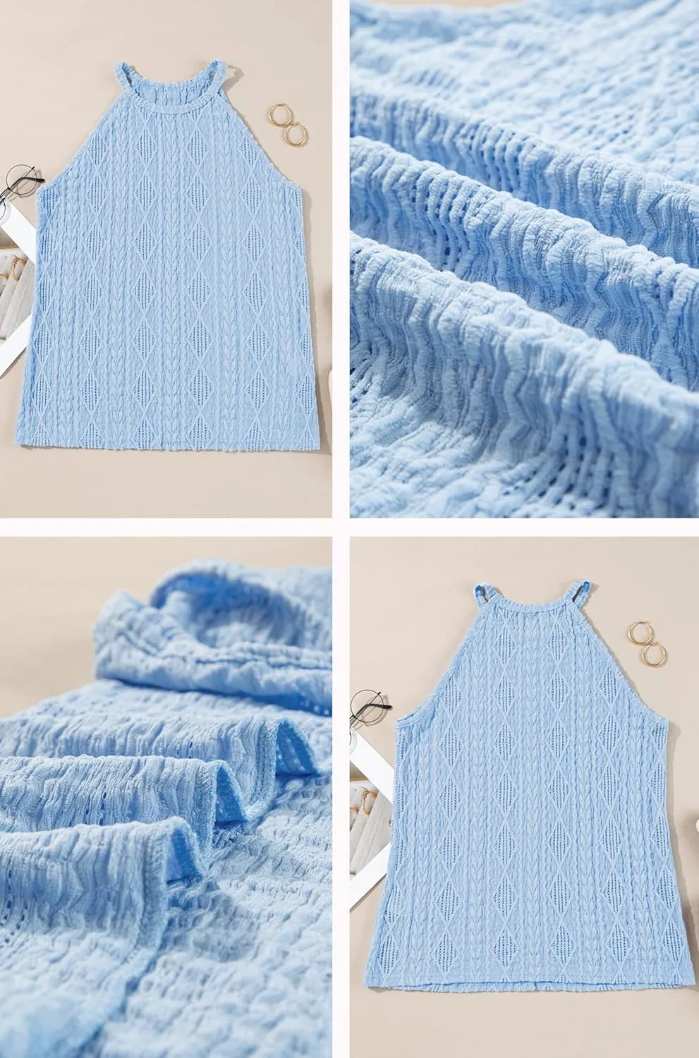 BLENCOT Tanks Tops for Women Trendy 2025 Spring Summer Casual Sleeveless Eyelet Basic Textured Halter Neck T Shirts