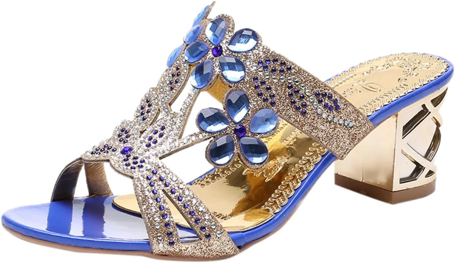 Block Heels for Women Open Toe Mid Heel Sandals Wedding Rhinestone Flower Sandal Summer Block Mid Heels Shoes 2025