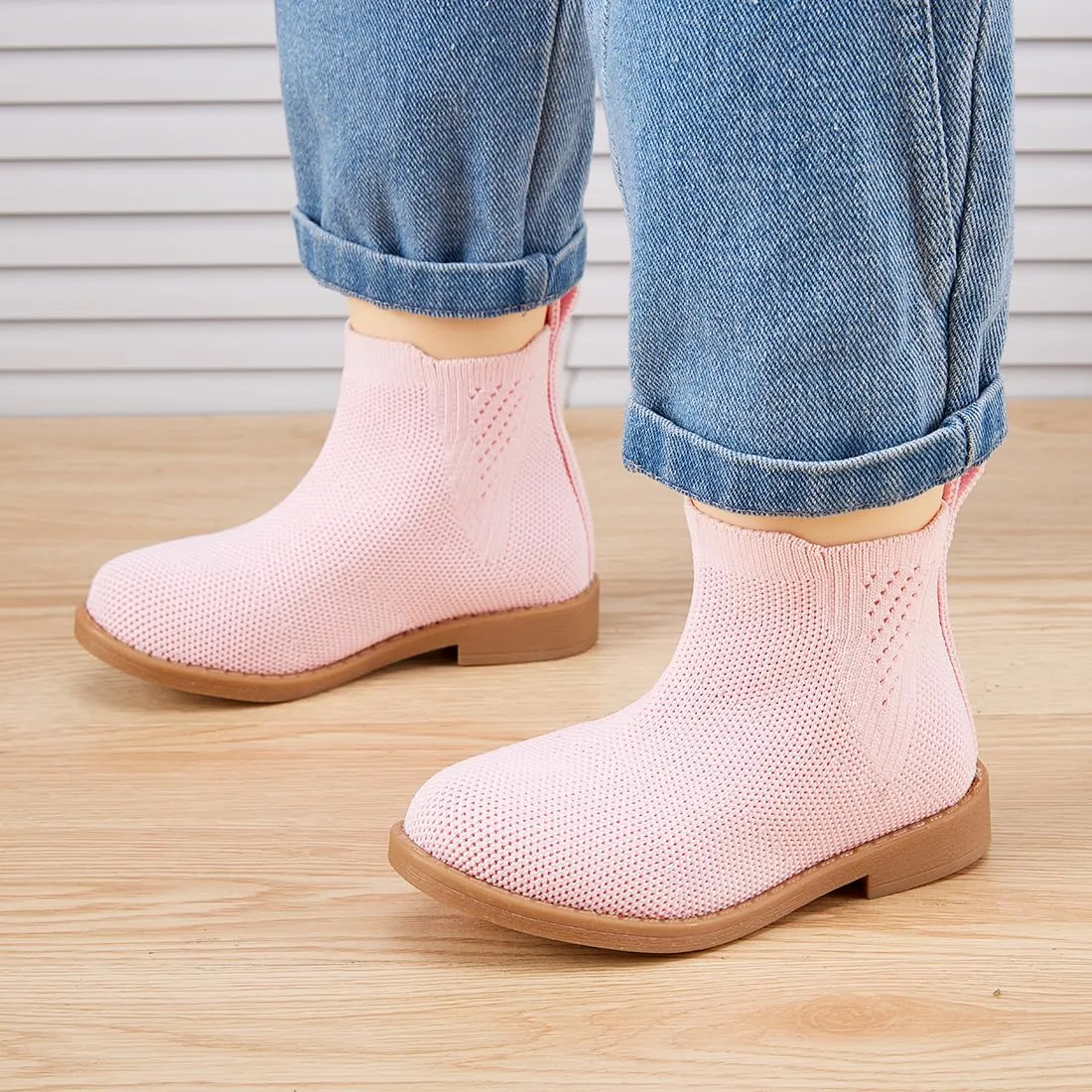 BMCiTYBM Toddler Girls Ankle Boots Low Heel Knitting Sock Short Chelsea Breathable Mesh Slip On Booties Dress Shoes All Season