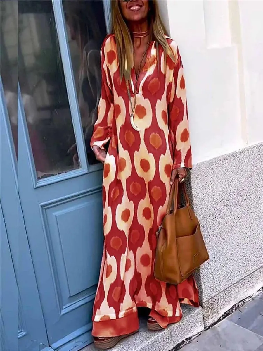 Boho Casual Loose Long Sleeve Maxi Dress for Womens Vintage Print Pleated Crewneck Flowy Baggy Long Dress