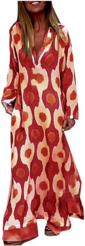 Boho Casual Loose Long Sleeve Maxi Dress for Womens Vintage Print Pleated Crewneck Flowy Baggy Long Dress