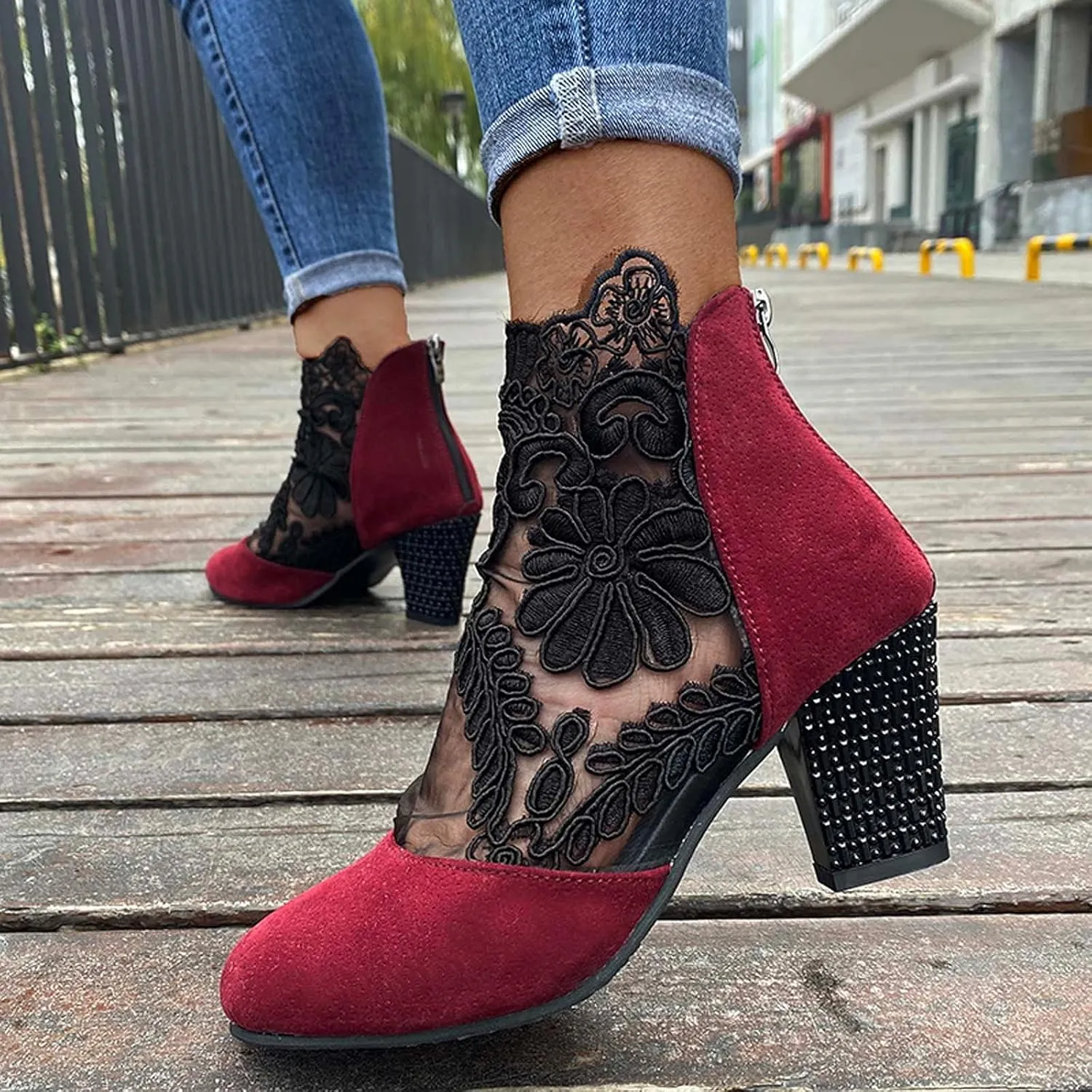 Booties for Women Closed Toe Low Block Heel Dressy Summer Ankle Boots with Back Zipper Ladies Fashion Sexy Mesh Lace Chunky High Heel Sandals Pumps Shoes for Wedding Banquet Party