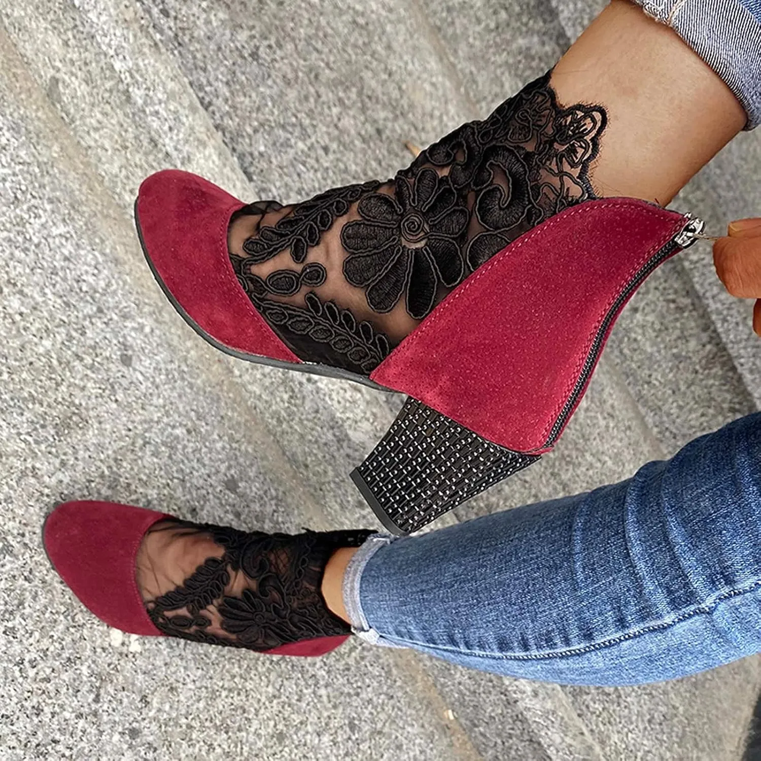 Booties for Women Closed Toe Low Block Heel Dressy Summer Ankle Boots with Back Zipper Ladies Fashion Sexy Mesh Lace Chunky High Heel Sandals Pumps Shoes for Wedding Banquet Party