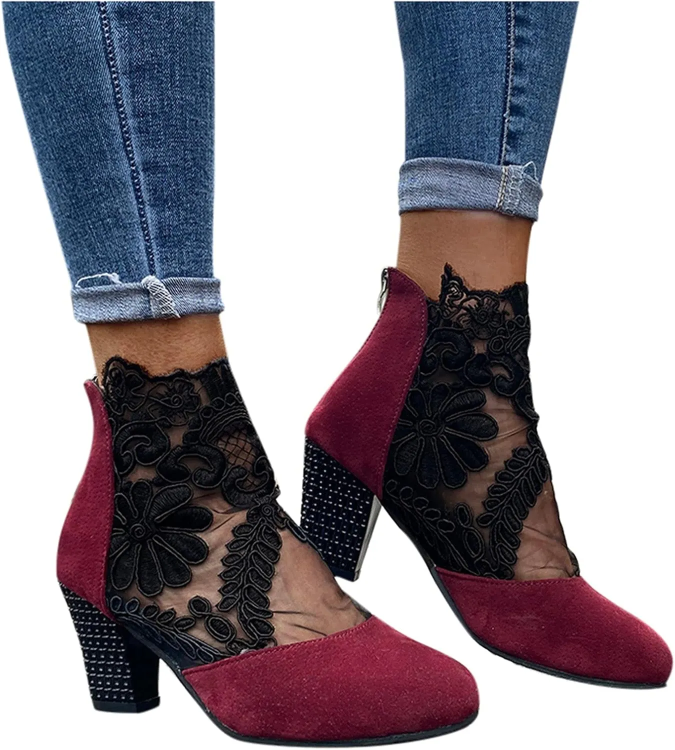 Booties for Women Closed Toe Low Block Heel Dressy Summer Ankle Boots with Back Zipper Ladies Fashion Sexy Mesh Lace Chunky High Heel Sandals Pumps Shoes for Wedding Banquet Party
