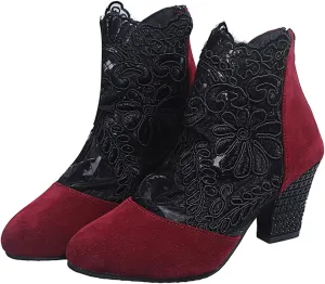 Booties for Women Closed Toe Low Block Heel Dressy Summer Ankle Boots with Back Zipper Ladies Fashion Sexy Mesh Lace Chunky High Heel Sandals Pumps Shoes for Wedding Banquet Party