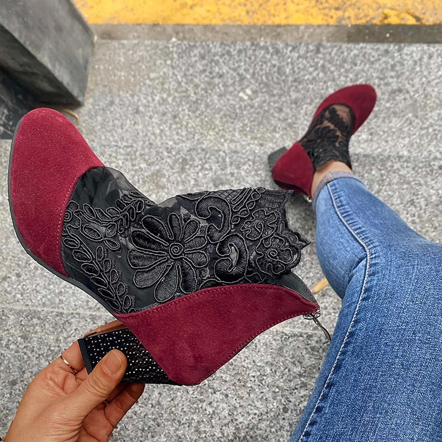 Booties for Women Closed Toe Low Block Heel Dressy Summer Ankle Boots with Back Zipper Ladies Fashion Sexy Mesh Lace Chunky High Heel Sandals Pumps Shoes for Wedding Banquet Party