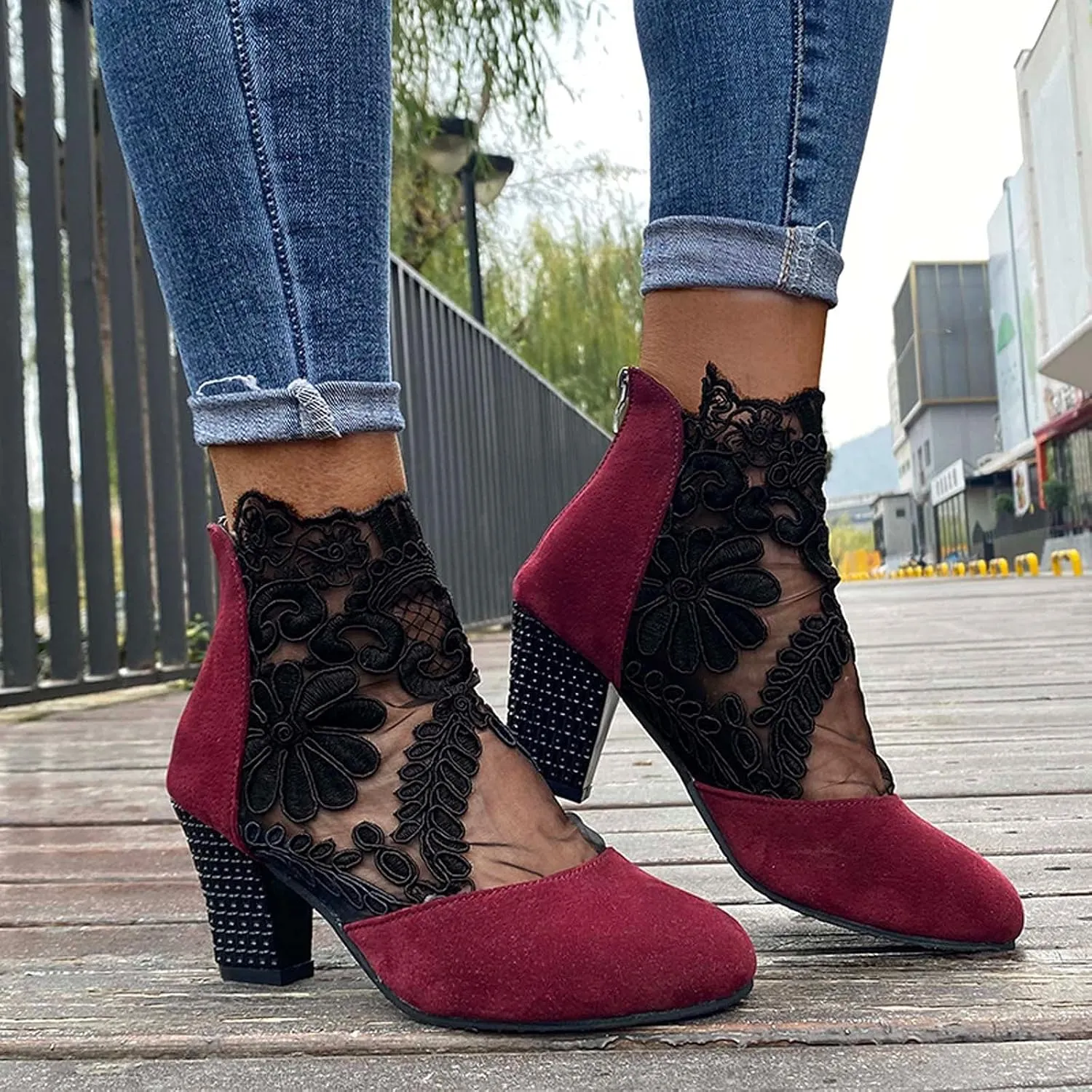 Booties for Women Closed Toe Low Block Heel Dressy Summer Ankle Boots with Back Zipper Ladies Fashion Sexy Mesh Lace Chunky High Heel Sandals Pumps Shoes for Wedding Banquet Party