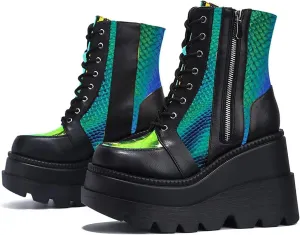 BORAMAX Women Platform Chunky Ankle Boots Punk Mid Calf For Women Zip Wedges High Heels Rave Buckle Thick Sole Goth Booties