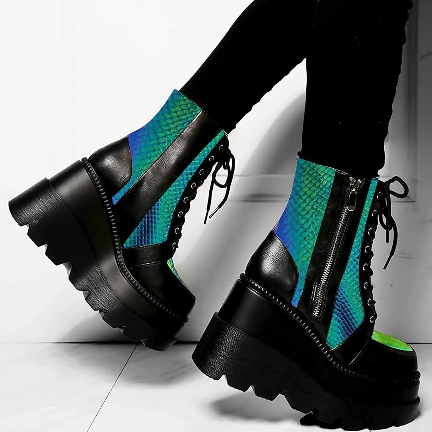 BORAMAX Women Platform Chunky Ankle Boots Punk Mid Calf For Women Zip Wedges High Heels Rave Buckle Thick Sole Goth Booties