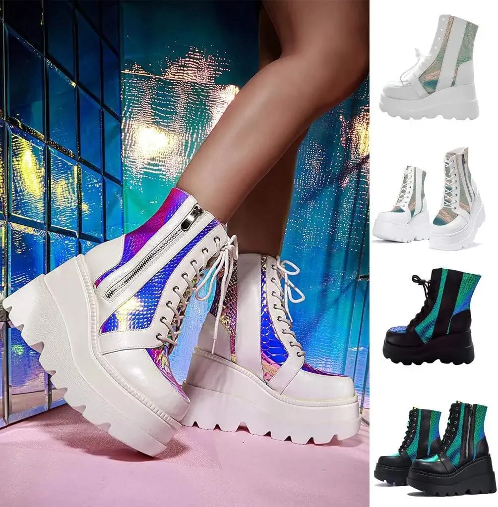 BORAMAX Women Platform Chunky Ankle Boots Punk Mid Calf For Women Zip Wedges High Heels Rave Buckle Thick Sole Goth Booties